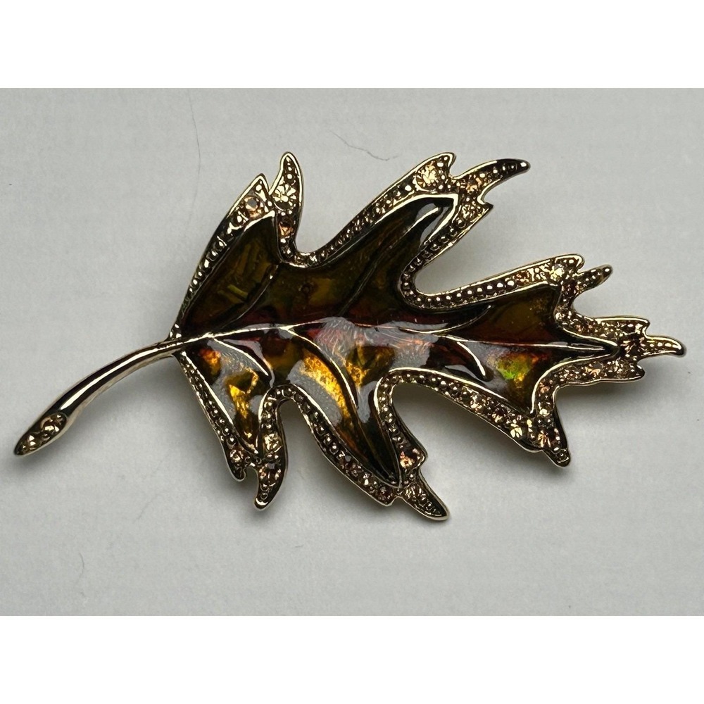 Liz Claiborne Gold Tone Oak Leaf Brooch Pin Rhinestone Enamel Autumn Fall